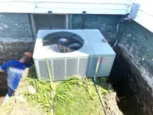 Air conditioner support for digging perimeter drain